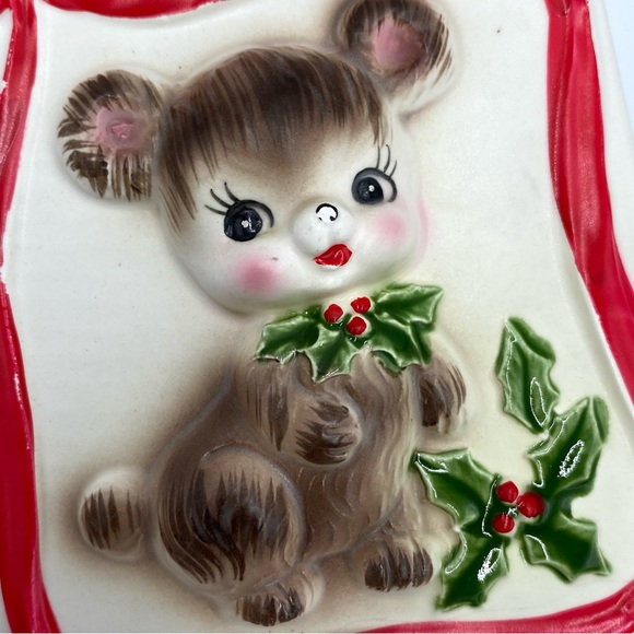 Rare Vintage 1960's Lefton Christmas Bear Holly Red Ribbon Ceramic Planter Vase - Picture 15 of 16